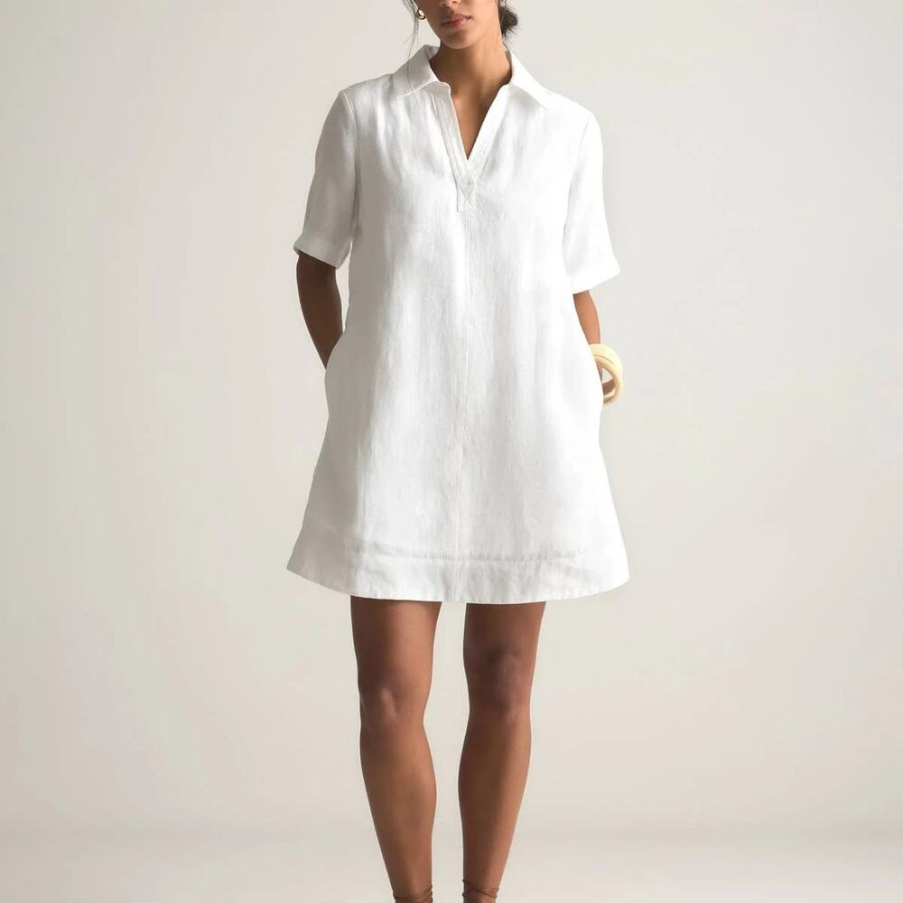 Quince 100% European Linen Popover Mini Dress White Medium